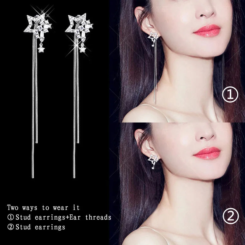 Drop Zircon Long Tassel Earrings Female Rhinestone Wedding Pendant Earrings Party Jewelry Silver Color Fashion Ear Accessories--ANDROMEDA QUINNS | AURELLE'S-ANDROMEDA QUINNS | AURELLE'S