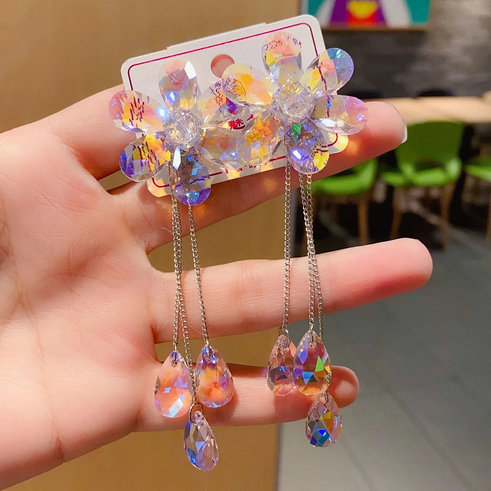 2025 New Colorful Purple Crystal Flower Dangle Drop Earrings for Women Trend Korea Fashion Luxury Wedding Party Banquet Jewelry--ANDROMEDA QUINNS | AURELLE'S-ANDROMEDA QUINNS | AURELLE'S