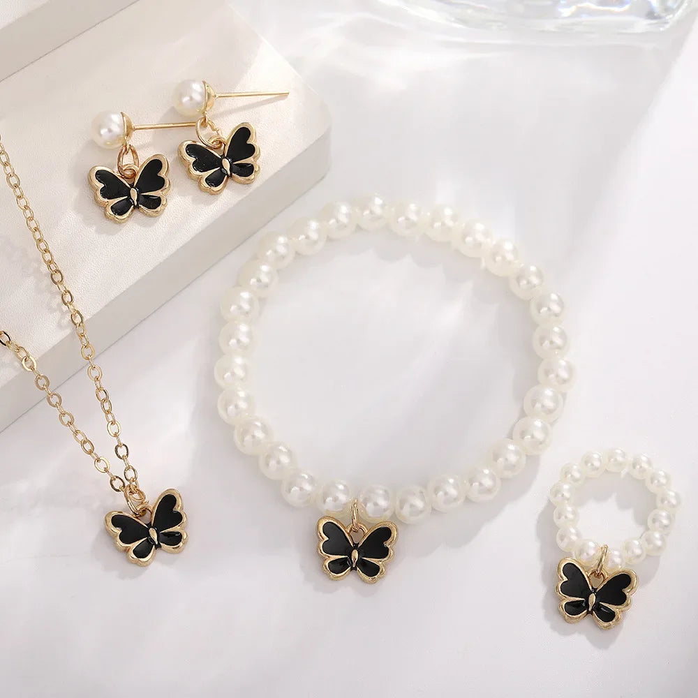 4pcs/Set Sweet Jewelry Set Butterfly Pendant Imitation Pearl Necklace for Women Pearl Earrings Girl Jewellery Women Gift--ANDROMEDA QUINNS | AURELLE'S-ANDROMEDA QUINNS | AURELLE'S