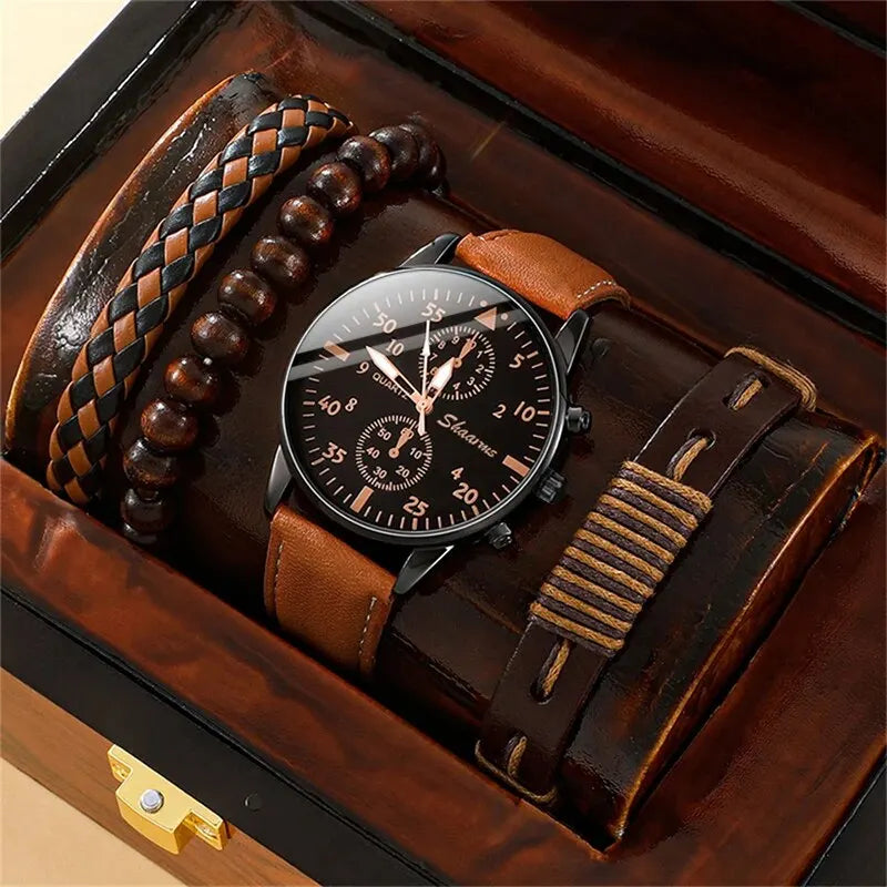 New Men Watch Luxury Bracelet Set Fashion Business Brown Leather Quartz Wrist Watches for Men Gift Set Relogio Masculino--ANDROMEDA QUINNS | AURELLE'S-ANDROMEDA QUINNS | AURELLE'S