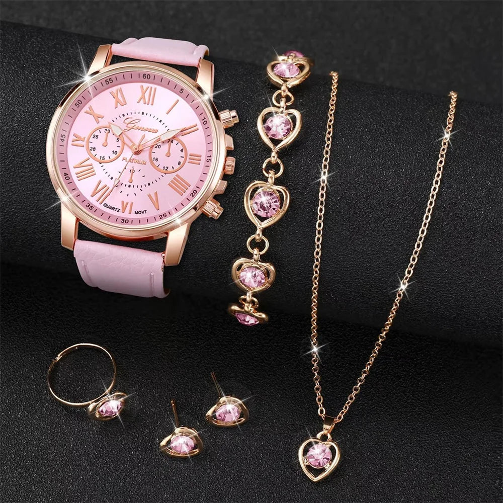 6PCS/Set Fashion Women's Quartz Watch Leather Band Analog Wrist Watches Heart Rhinestone Jewelry Set(Without Box)--ANDROMEDA QUINNS | AURELLE'S-ANDROMEDA QUINNS | AURELLE'S