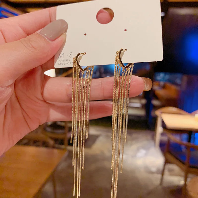 925 Silver Needle Korean Fashion Long Chain Tassel Earrings For Women Metal Earing Jewelry 2025 Trending Women's Drop Earrings--ANDROMEDA QUINNS | AURELLE'S-ANDROMEDA QUINNS | AURELLE'S