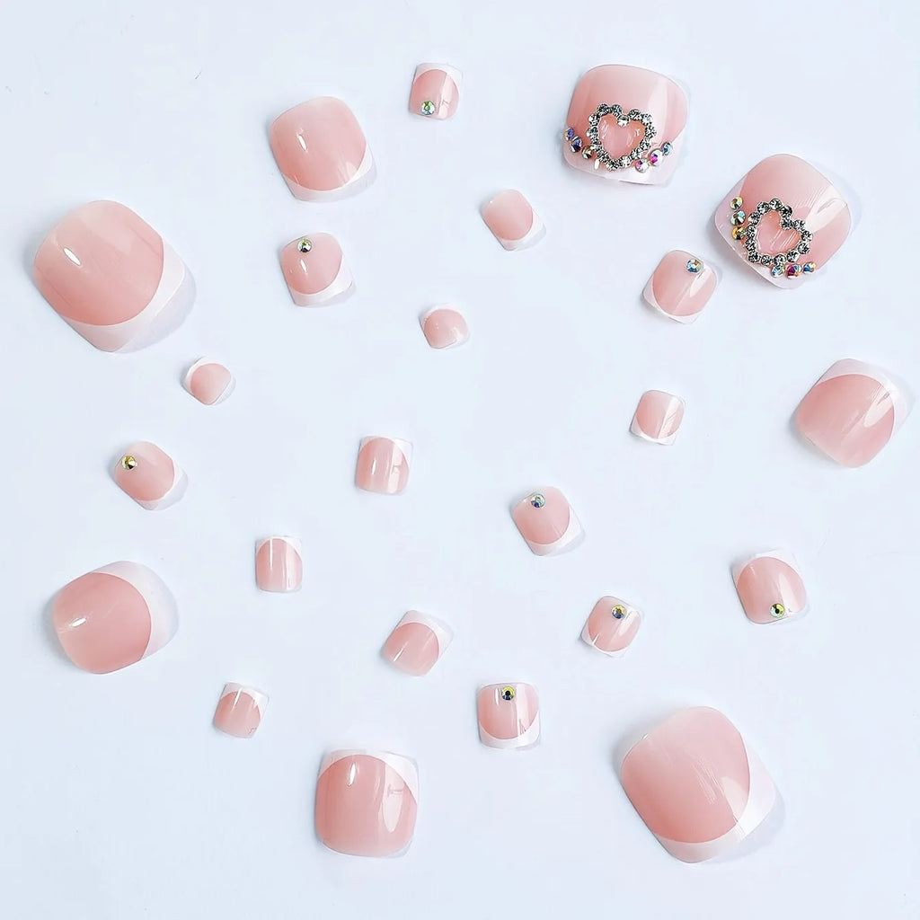 New French False Toe Nails with Heart Rhinestone Design White Edge Summer Press on Toenails Fashion Manicure Fake Toenail Patch--ANDROMEDA QUINNS | AURELLE'S-ANDROMEDA QUINNS | AURELLE'S
