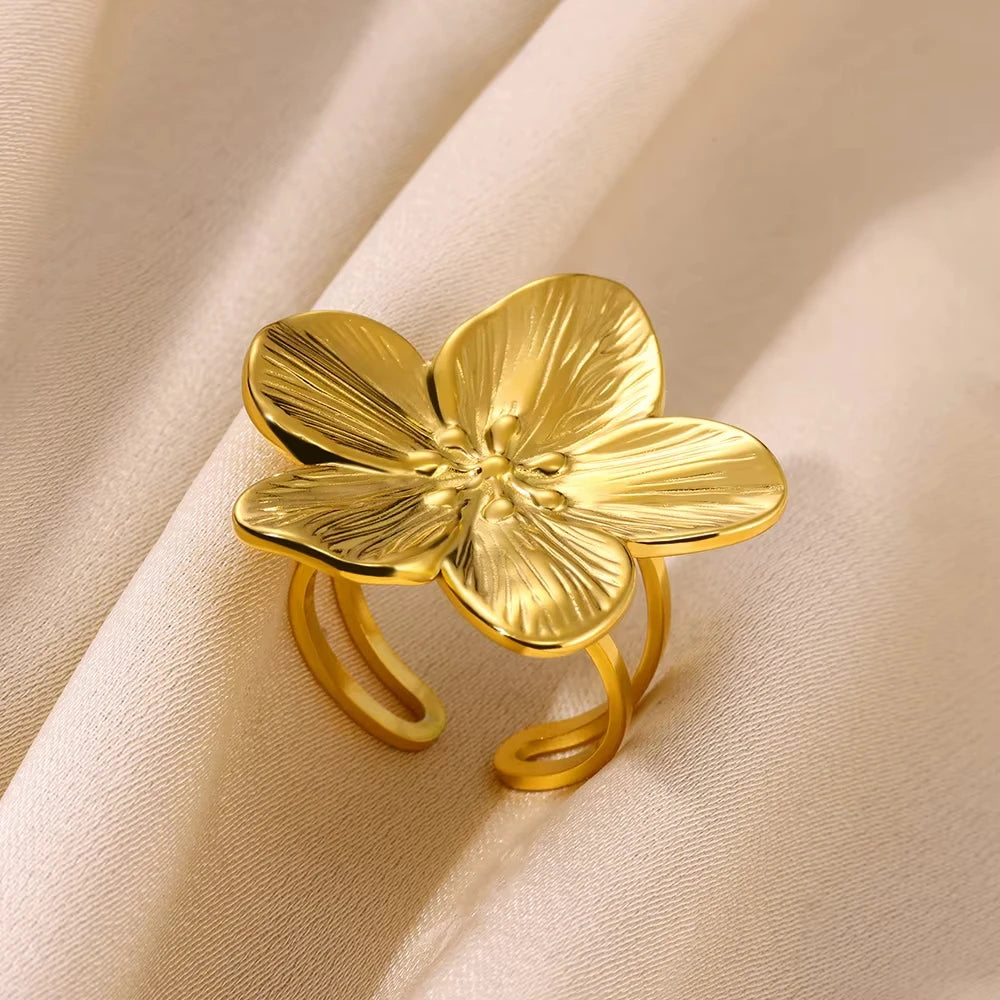 Stainless Steel Exaggerated Big Flower Rings For Women Gold Color Sunflower Finger Ring Female Fashion Aesthetic Jewelry Gift--ANDROMEDA QUINNS | AURELLE'S-ANDROMEDA QUINNS | AURELLE'S