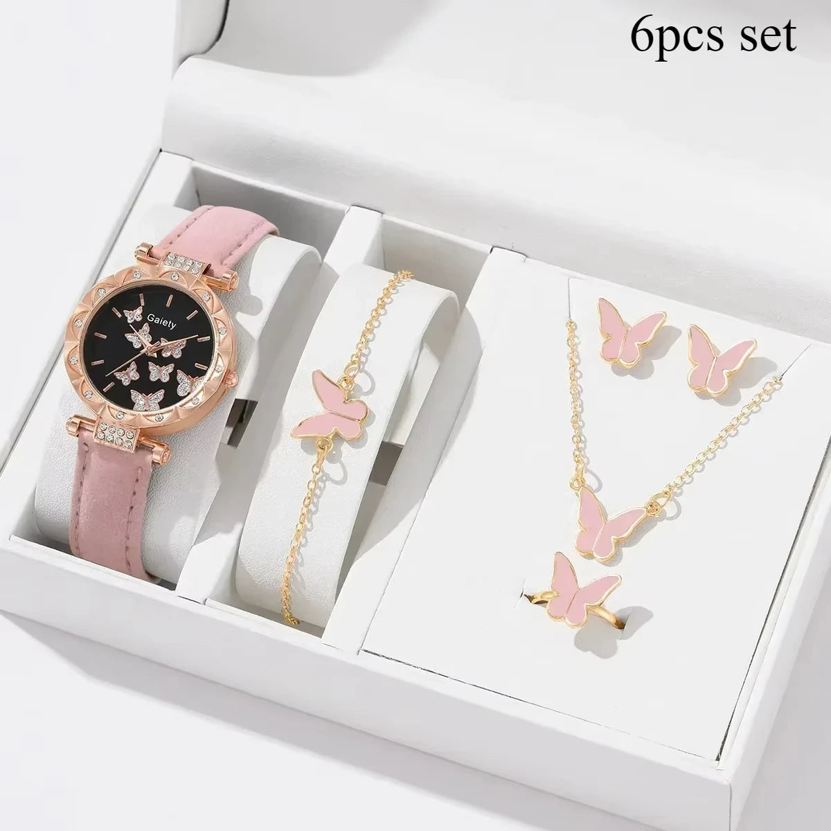6/1pcs Set Women Watch Ring Necklace Earrings Bracelet Set Watches Butterfly Leather Strap Ladies Quartz WristWatch (No Box)--ANDROMEDA QUINNS | AURELLE'S-ANDROMEDA QUINNS | AURELLE'S