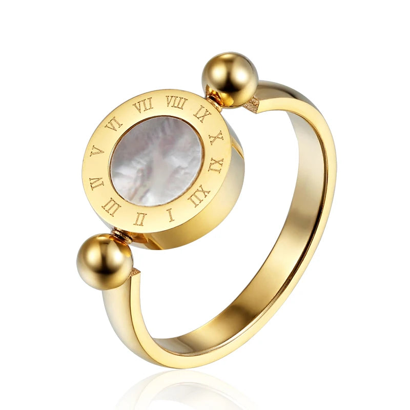 Classic Design Can Be Rotated Enamel And Shell Roman Numeral Beautiful Woman Ring Stainless Steel Brand Ring Jewelry For Women--ANDROMEDA QUINNS | AURELLE'S-ANDROMEDA QUINNS | AURELLE'S