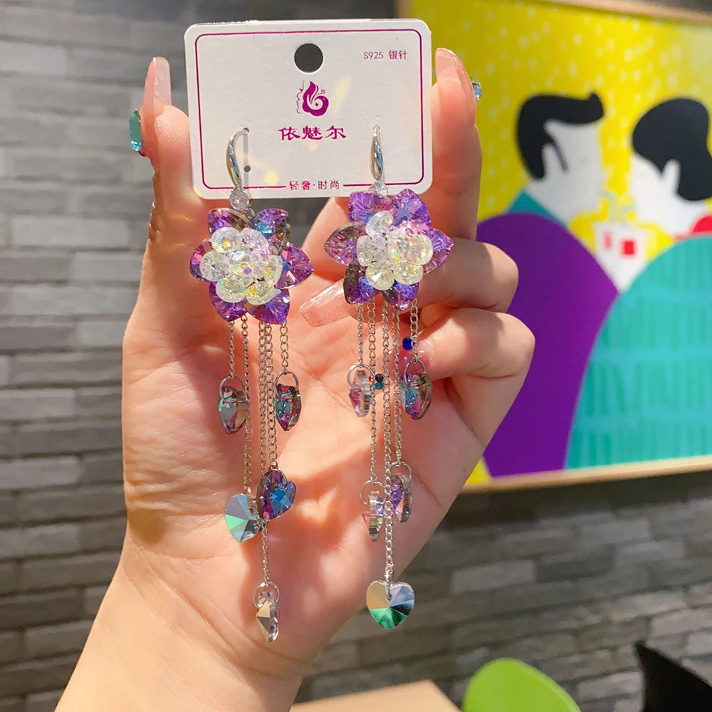 2025 New Colorful Purple Crystal Flower Dangle Drop Earrings for Women Trend Korea Fashion Luxury Wedding Party Banquet Jewelry--ANDROMEDA QUINNS | AURELLE'S-ANDROMEDA QUINNS | AURELLE'S
