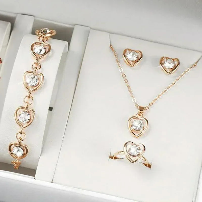 5PCS Set Gold-Color Heart Shaped Jewelry Sets Of Ring Earrings Necklace For Women Elegance Rhinestone Double Heart Jewelry--ANDROMEDA QUINNS | AURELLE'S-ANDROMEDA QUINNS | AURELLE'S