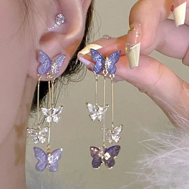 925 Silver Needle Blue Purple Butterfly Long Tassel Earrings For Women Jewelry 2025 Trending New Korean Crystal Drop Earrings--ANDROMEDA QUINNS | AURELLE'S-ANDROMEDA QUINNS | AURELLE'S