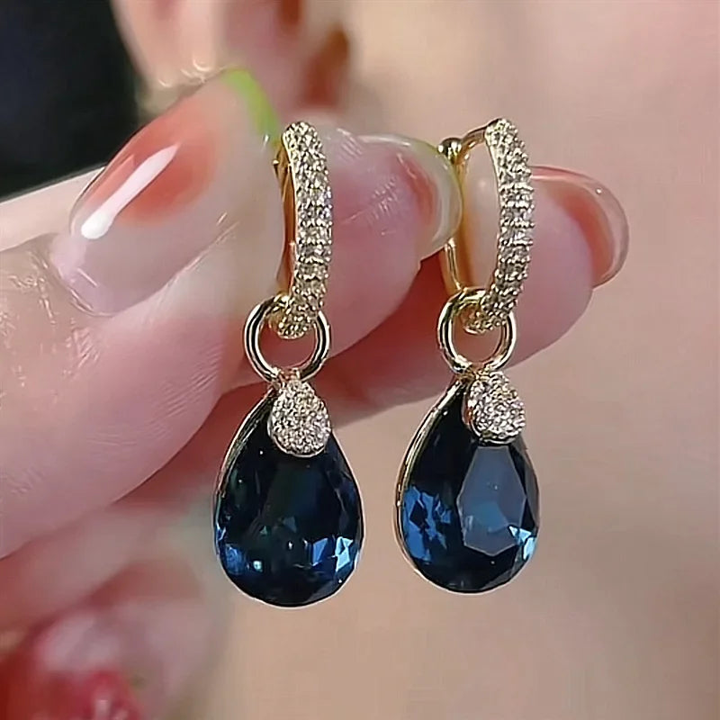 Exquisite Blue Drop-shaped Crystal Pendant Earrings For Women Fashion Personalized Daily Accessories Party Jewelry Birthday Gift--ANDROMEDA QUINNS | AURELLE'S-ANDROMEDA QUINNS | AURELLE'S