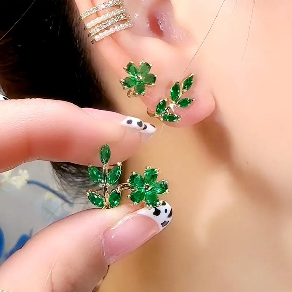 925 Silver Needle Green Flower Earrings For Women Korean Fashion Jewelry 2025 Trending Luxury Zircon Leaf Women's Stud Earrings--ANDROMEDA QUINNS | AURELLE'S-ANDROMEDA QUINNS | AURELLE'S