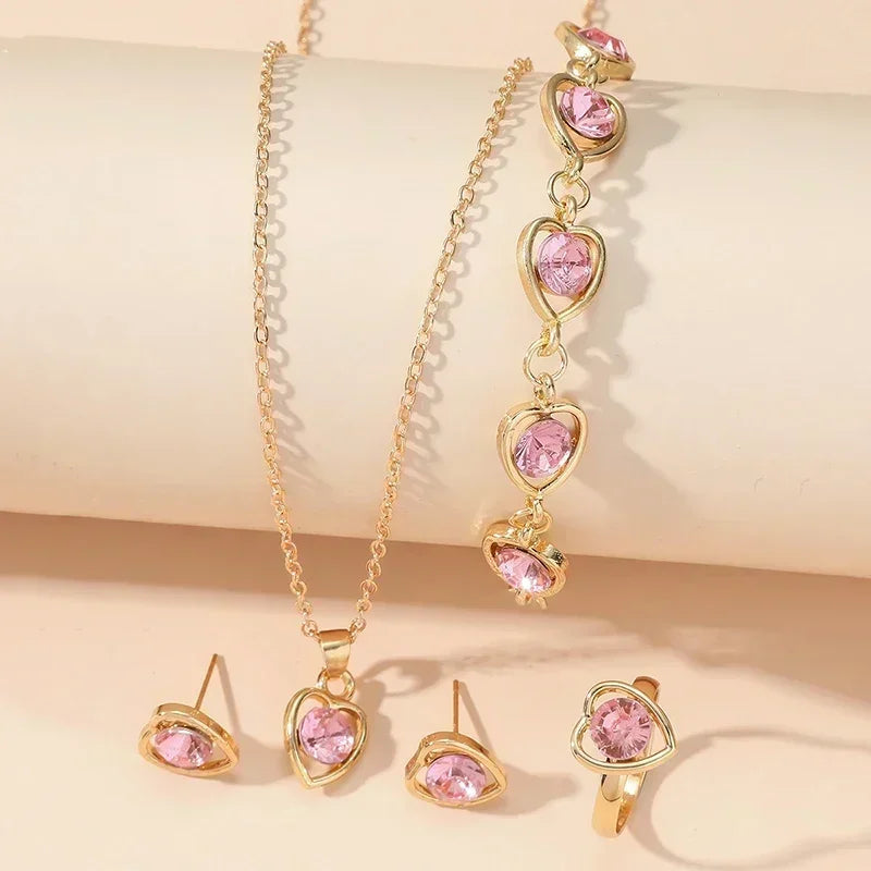 5PCS Set Gold-Color Heart Shaped Jewelry Sets Of Ring Earrings Necklace For Women Elegance Rhinestone Double Heart Jewelry--ANDROMEDA QUINNS | AURELLE'S-ANDROMEDA QUINNS | AURELLE'S