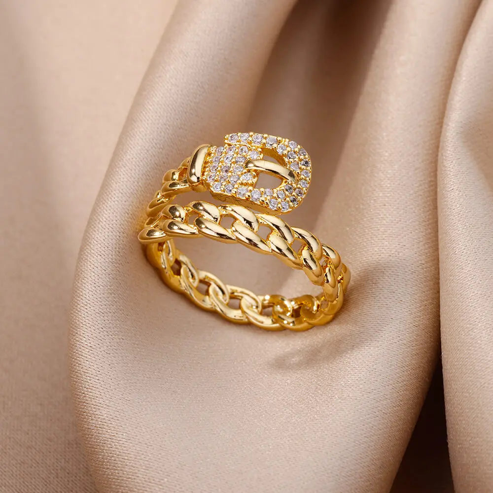 Gold Plated Stainless Steel Crystal Rings For Women Chain Geometry Zircon Finger Ring Jewelry Gift anillos mujer 2025 New Trendy--ANDROMEDA QUINNS | AURELLE'S-ANDROMEDA QUINNS | AURELLE'S