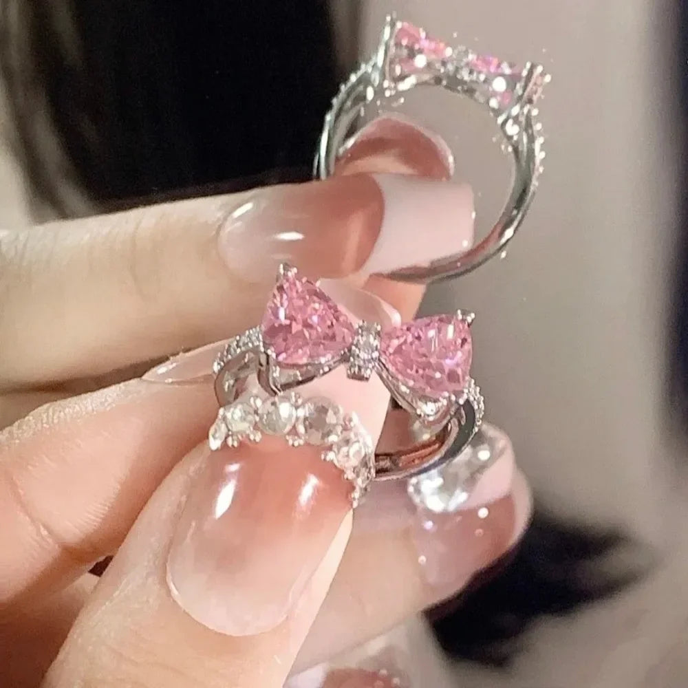 2pcs Set Fashion Bowknot Necklace Rings Set Crystal Bow Knot Pendant Necklaces Adjustable Bow Rings Fairy Shiny Pink Jewelry--ANDROMEDA QUINNS | AURELLE'S-ANDROMEDA QUINNS | AURELLE'S