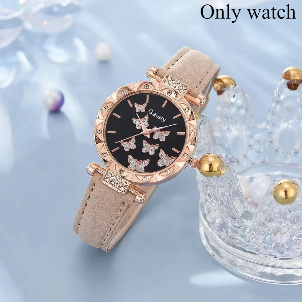 6/1pcs Set Women Watch Ring Necklace Earrings Bracelet Set Watches Butterfly Leather Strap Ladies Quartz WristWatch (No Box)--ANDROMEDA QUINNS | AURELLE'S-ANDROMEDA QUINNS | AURELLE'S