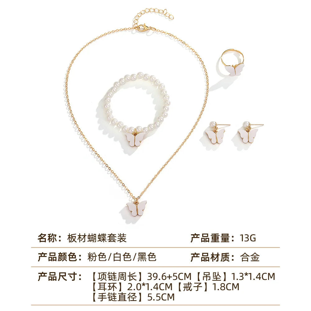 4pcs/Set Sweet Jewelry Set Butterfly Pendant Imitation Pearl Necklace for Women Pearl Earrings Girl Jewellery Women Gift--ANDROMEDA QUINNS | AURELLE'S-ANDROMEDA QUINNS | AURELLE'S