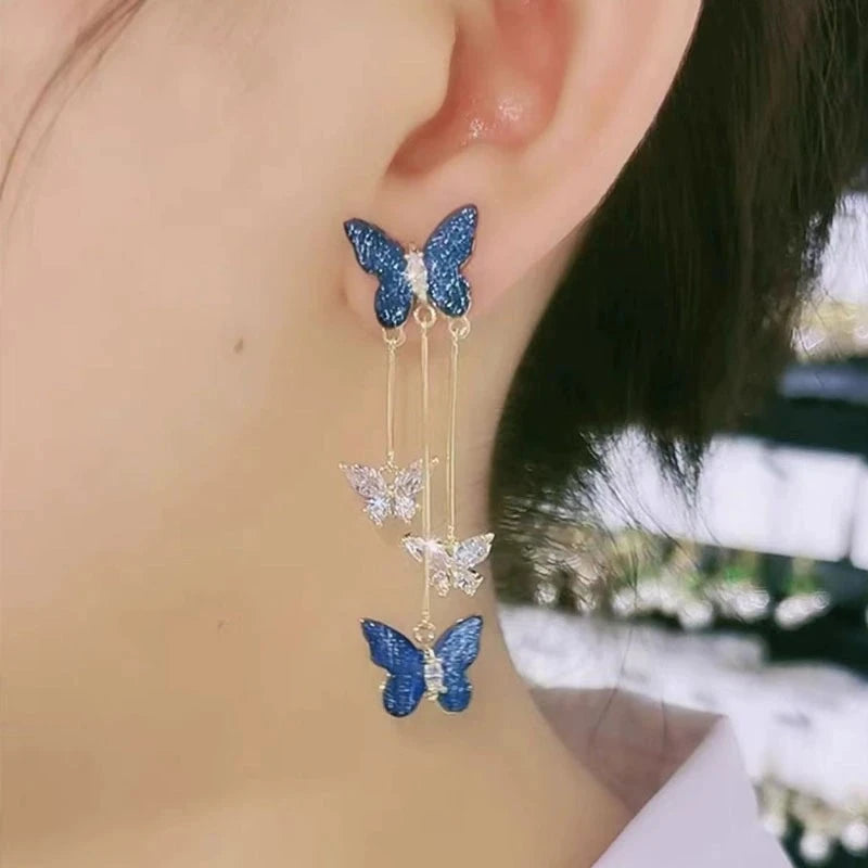 925 Silver Needle Blue Purple Butterfly Long Tassel Earrings For Women Jewelry 2025 Trending New Korean Crystal Drop Earrings--ANDROMEDA QUINNS | AURELLE'S-ANDROMEDA QUINNS | AURELLE'S