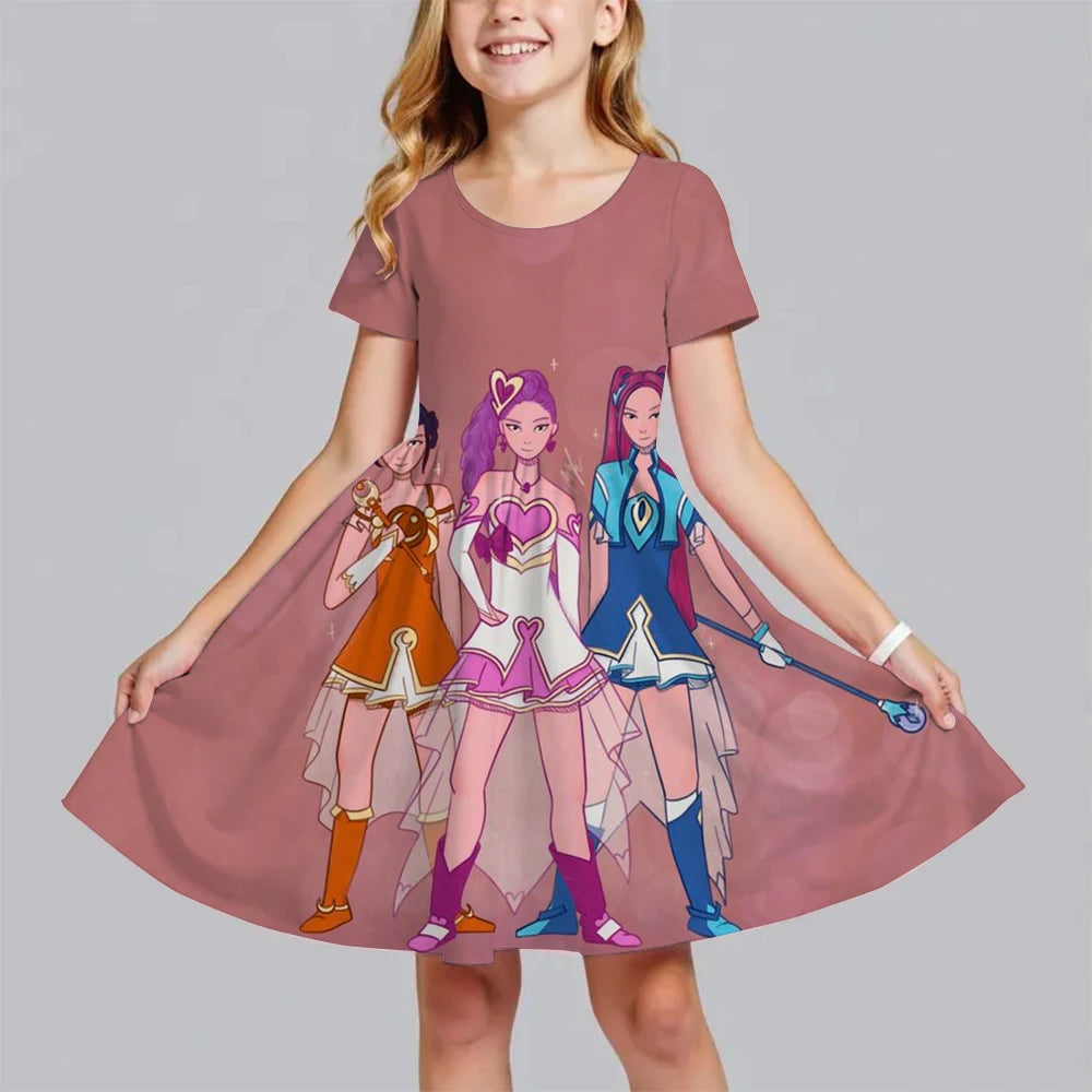 Summer Fashion Polyester Lightweight Cartoon Cute Huntrix Kpop Demon Hunters Printed Girl's Dress Short Sleeved Princess Dress