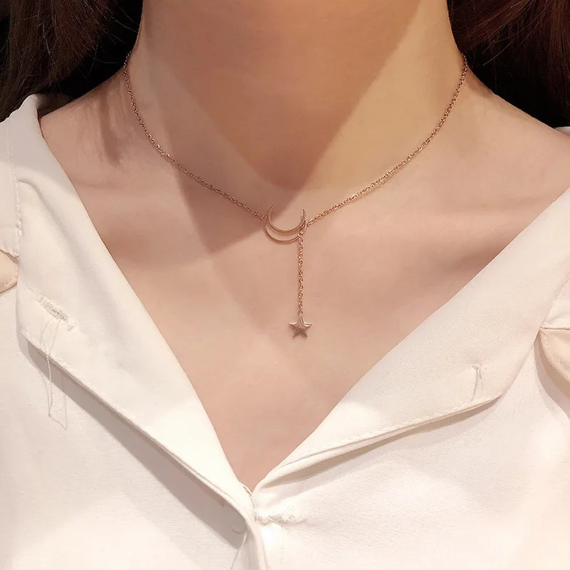 New Simple Moon Star Pendant Choker Necklace Simple Gold Color Alloy Charm Chain Collares Necklace For Women Party Jewelry--ANDROMEDA QUINNS | AURELLE'S-ANDROMEDA QUINNS | AURELLE'S