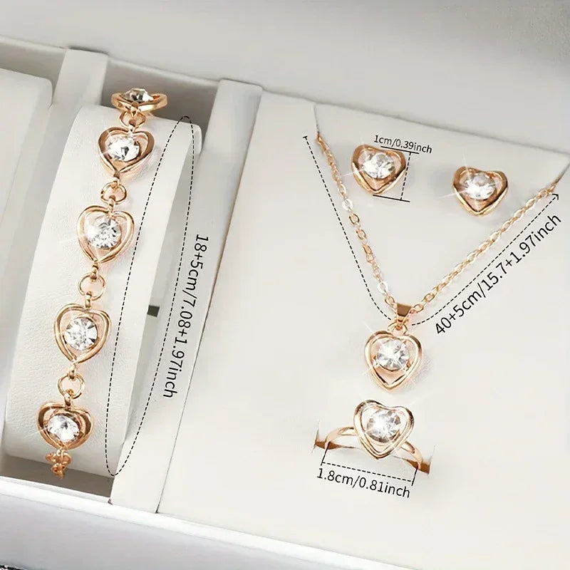 5PCS Set Gold-Color Heart Shaped Jewelry Sets Of Ring Earrings Necklace For Women Elegance Rhinestone Double Heart Jewelry--ANDROMEDA QUINNS | AURELLE'S-ANDROMEDA QUINNS | AURELLE'S