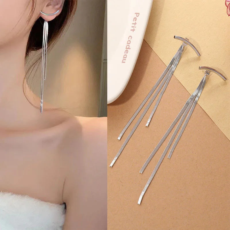 925 Silver Needle Korean Fashion Long Chain Tassel Earrings For Women Metal Earing Jewelry 2025 Trending Women's Drop Earrings--ANDROMEDA QUINNS | AURELLE'S-ANDROMEDA QUINNS | AURELLE'S