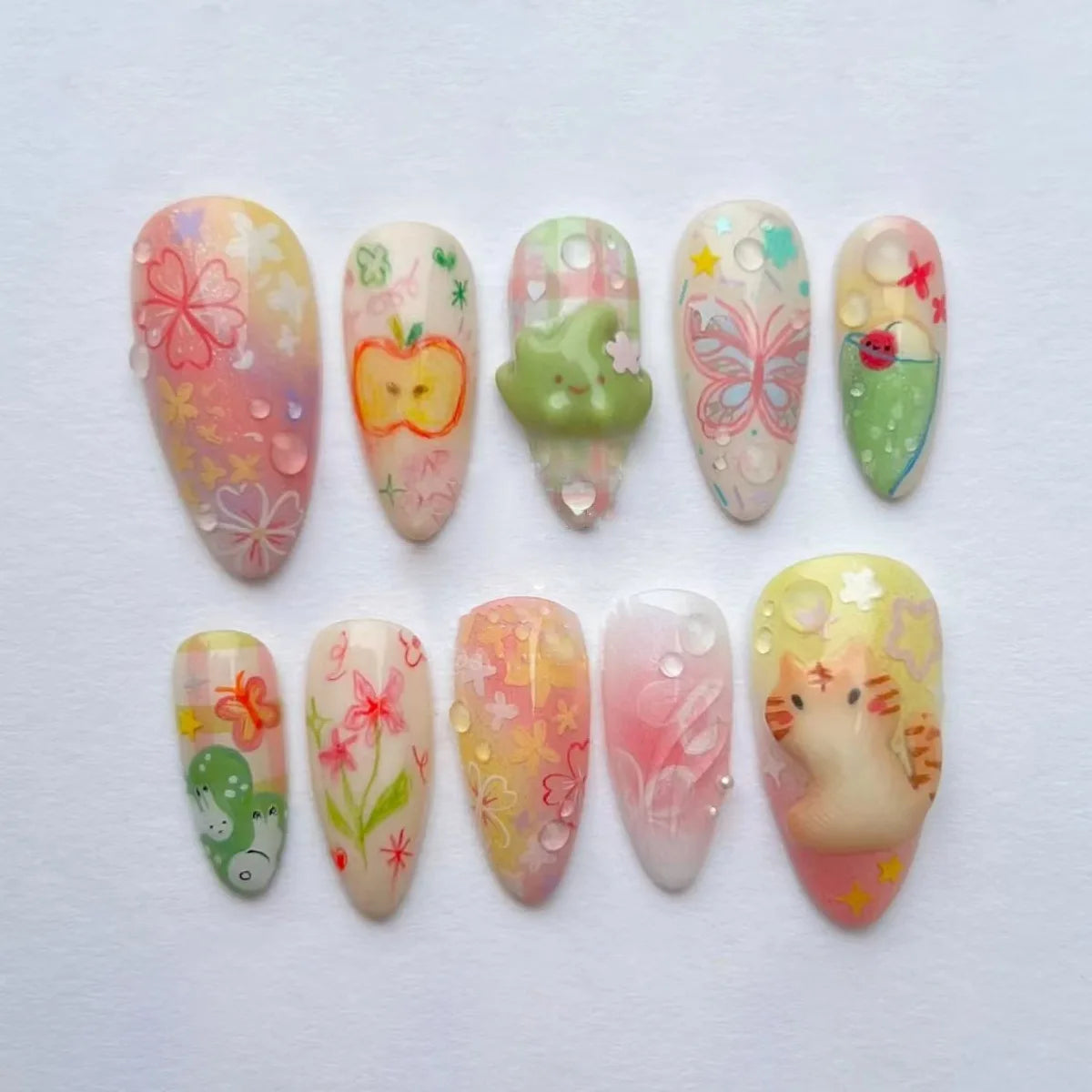 24pcs White Flower Fake Nail Tips Ins Yellow Pink Blush False Nails Wearable Full Cover European Almond Shaped Press on Nails--ANDROMEDA QUINNS | AURELLE'S-ANDROMEDA QUINNS | AURELLE'S