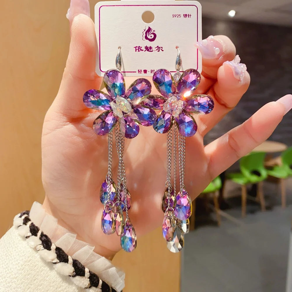 2025 New Colorful Purple Crystal Flower Dangle Drop Earrings for Women Trend Korea Fashion Luxury Wedding Party Banquet Jewelry--ANDROMEDA QUINNS | AURELLE'S-ANDROMEDA QUINNS | AURELLE'S