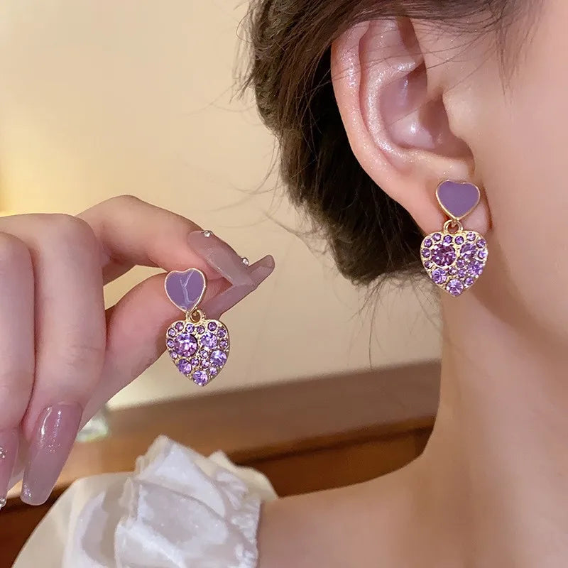 925 Silver Needle Korean Fashion Purple Crystal Heart Drop Earrings For Women Jewelry 2025 Trending New Luxury Women's Earrings--ANDROMEDA QUINNS | AURELLE'S-ANDROMEDA QUINNS | AURELLE'S