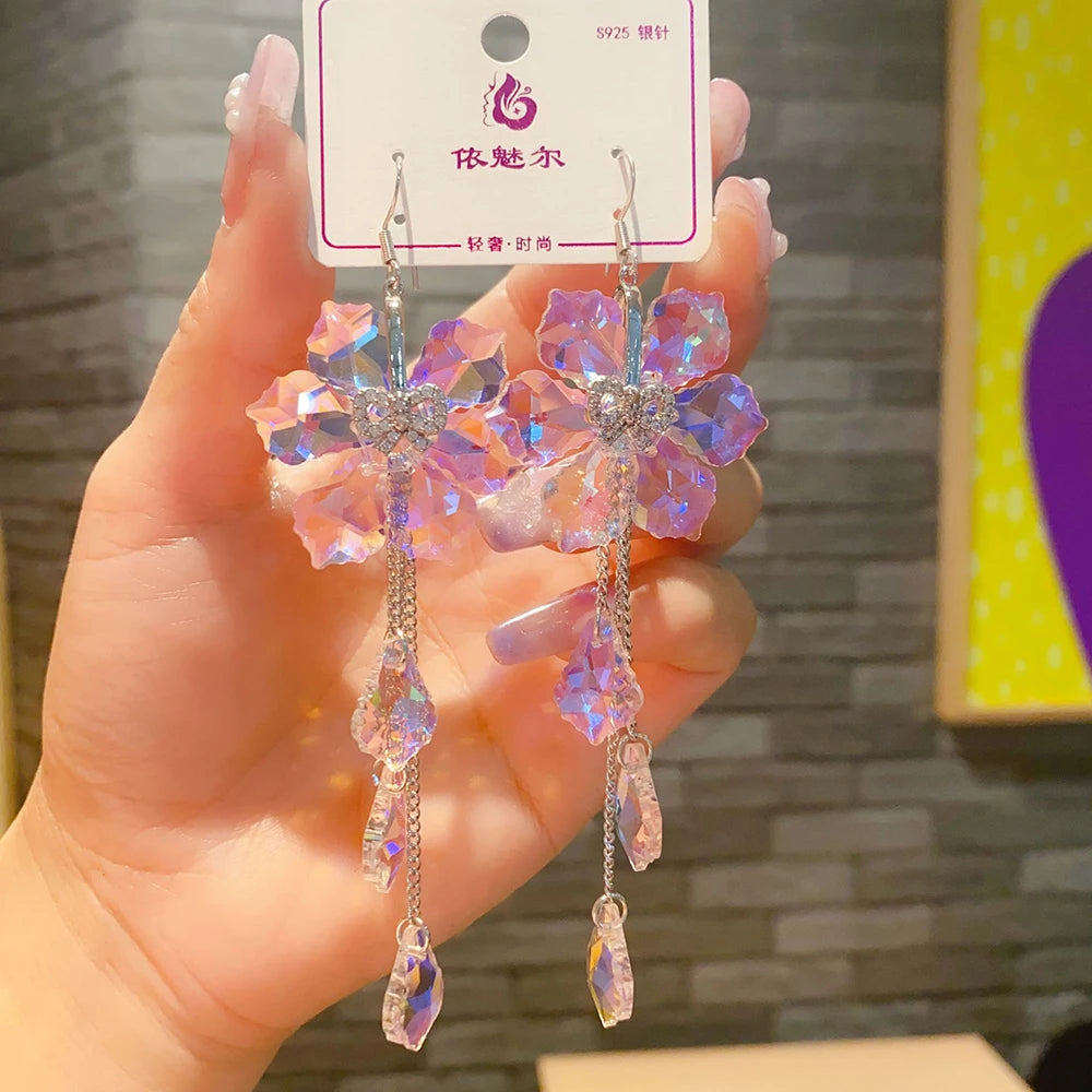 2025 New Colorful Purple Crystal Flower Dangle Drop Earrings for Women Trend Korea Fashion Luxury Wedding Party Banquet Jewelry--ANDROMEDA QUINNS | AURELLE'S-ANDROMEDA QUINNS | AURELLE'S