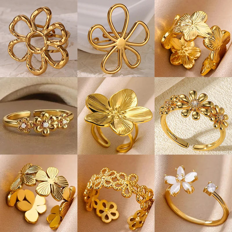 Stainless Steel Exaggerated Big Flower Rings For Women Gold Color Sunflower Finger Ring Female Fashion Aesthetic Jewelry Gift--ANDROMEDA QUINNS | AURELLE'S-ANDROMEDA QUINNS | AURELLE'S