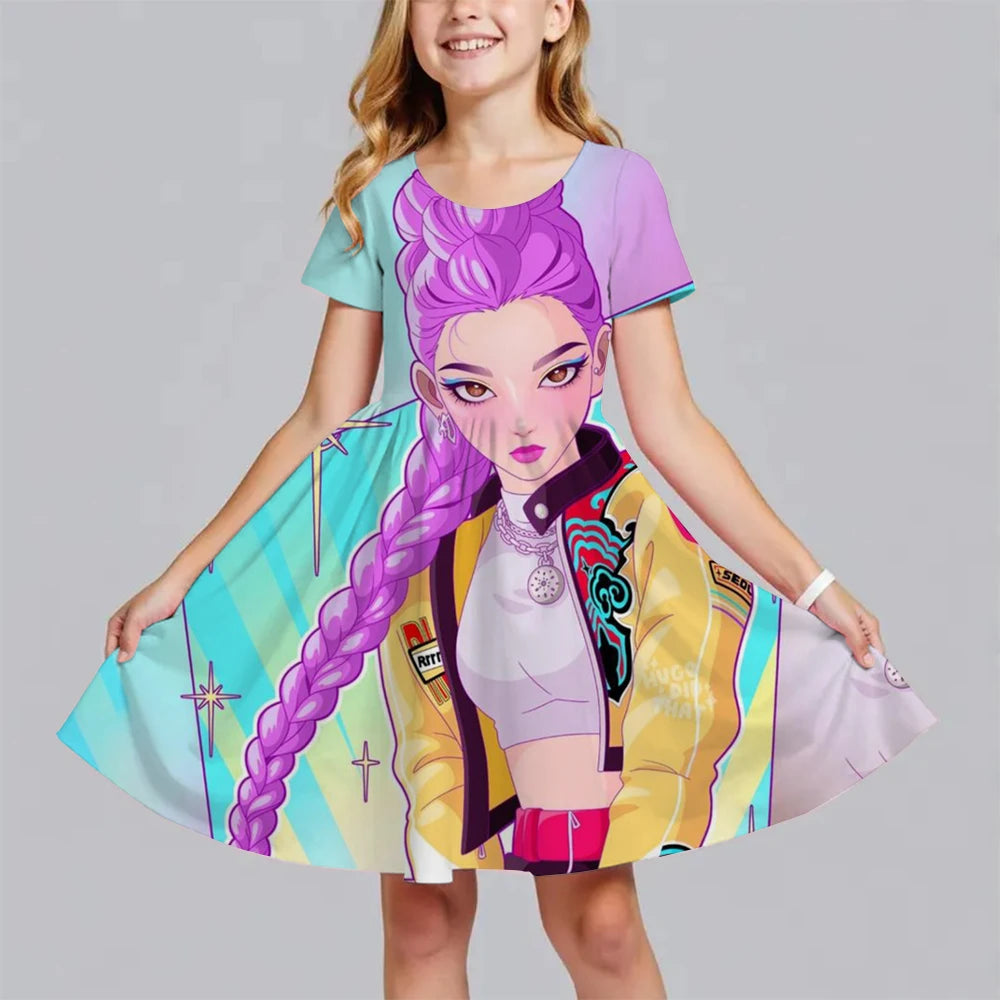 Summer Fashion Polyester Lightweight Cartoon Cute Huntrix Kpop Demon Hunters Printed Girl's Dress Short Sleeved Princess Dress