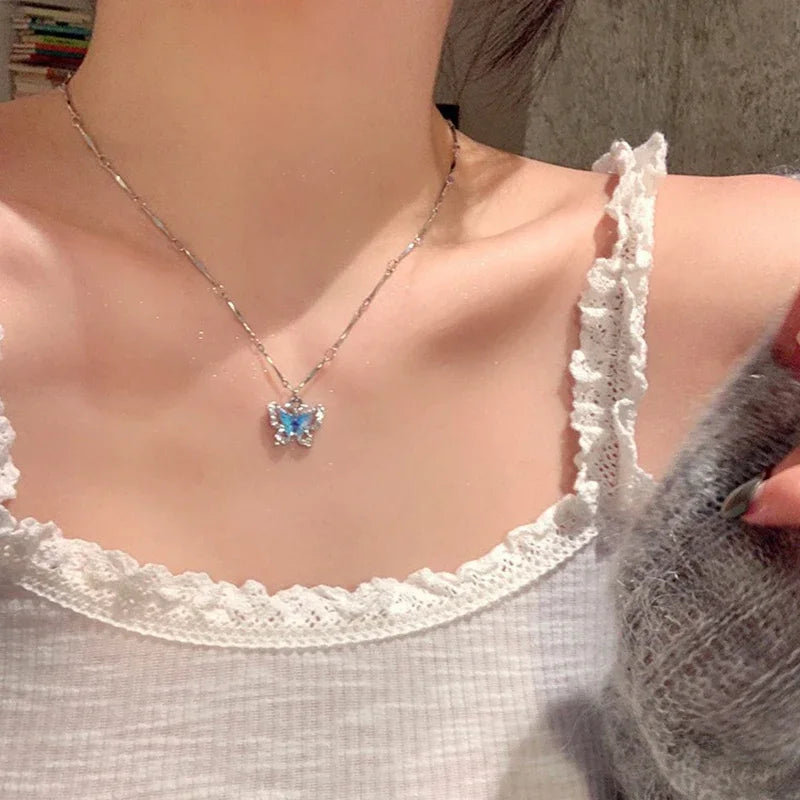 LATS Romantic Blue Crystal Butterfly Necklace for Women Girls Simple Shiny Zircon Bilayer Choker Clavicle Chain New Fine Jewelry--ANDROMEDA QUINNS | AURELLE'S-ANDROMEDA QUINNS | AURELLE'S