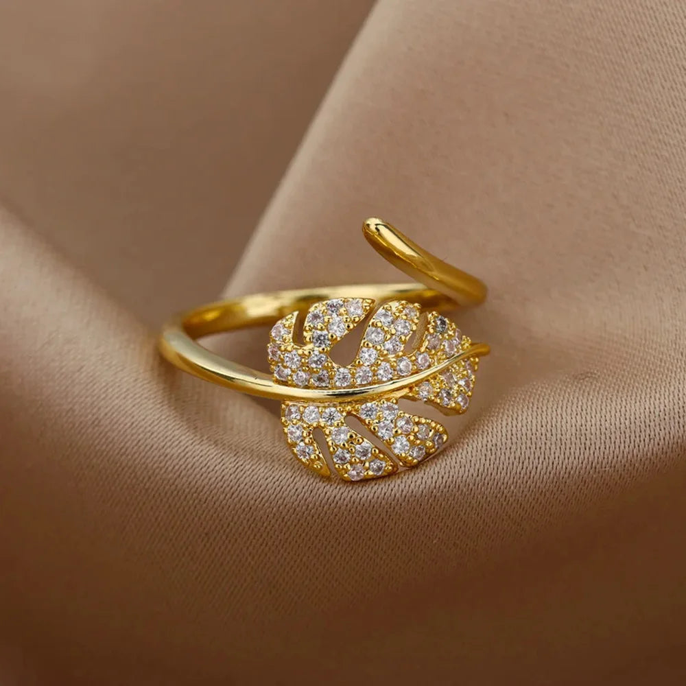 Fashion Palm Leaf Shape Rings For Women Stainless Steel Color Zircon Adjustable Finger Ring Party Jewelry Gift Bijoux Femme--ANDROMEDA QUINNS | AURELLE'S-ANDROMEDA QUINNS | AURELLE'S