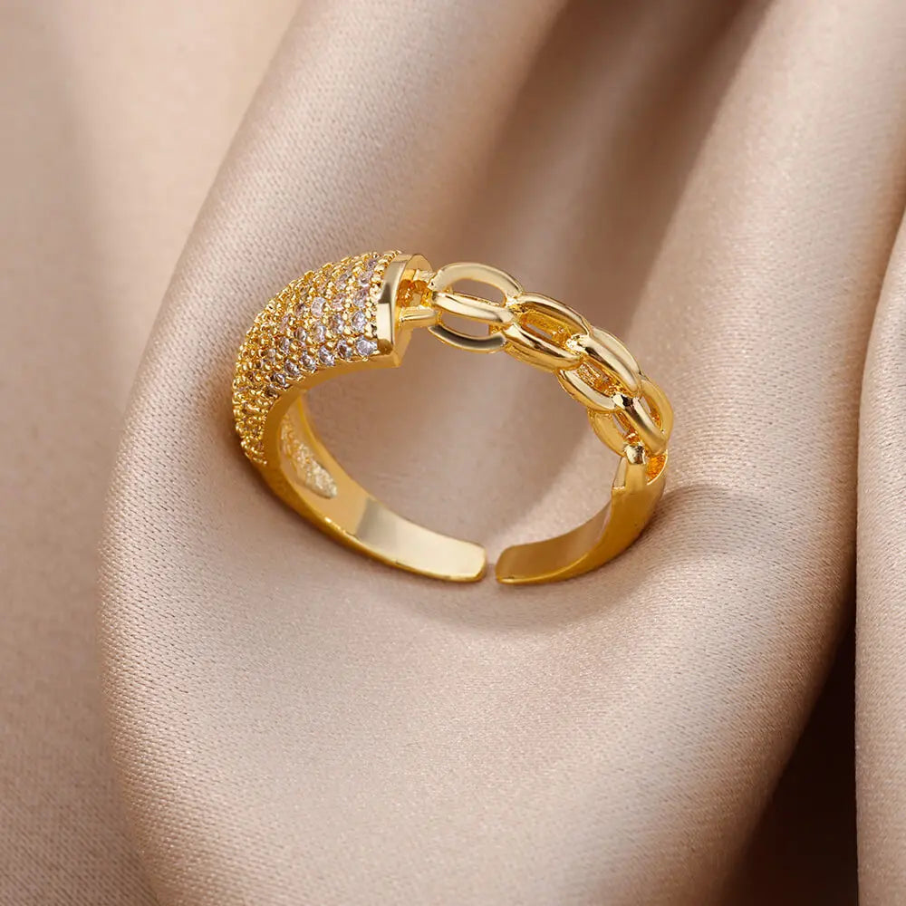Gold Plated Stainless Steel Crystal Rings For Women Chain Geometry Zircon Finger Ring Jewelry Gift anillos mujer 2025 New Trendy--ANDROMEDA QUINNS | AURELLE'S-ANDROMEDA QUINNS | AURELLE'S