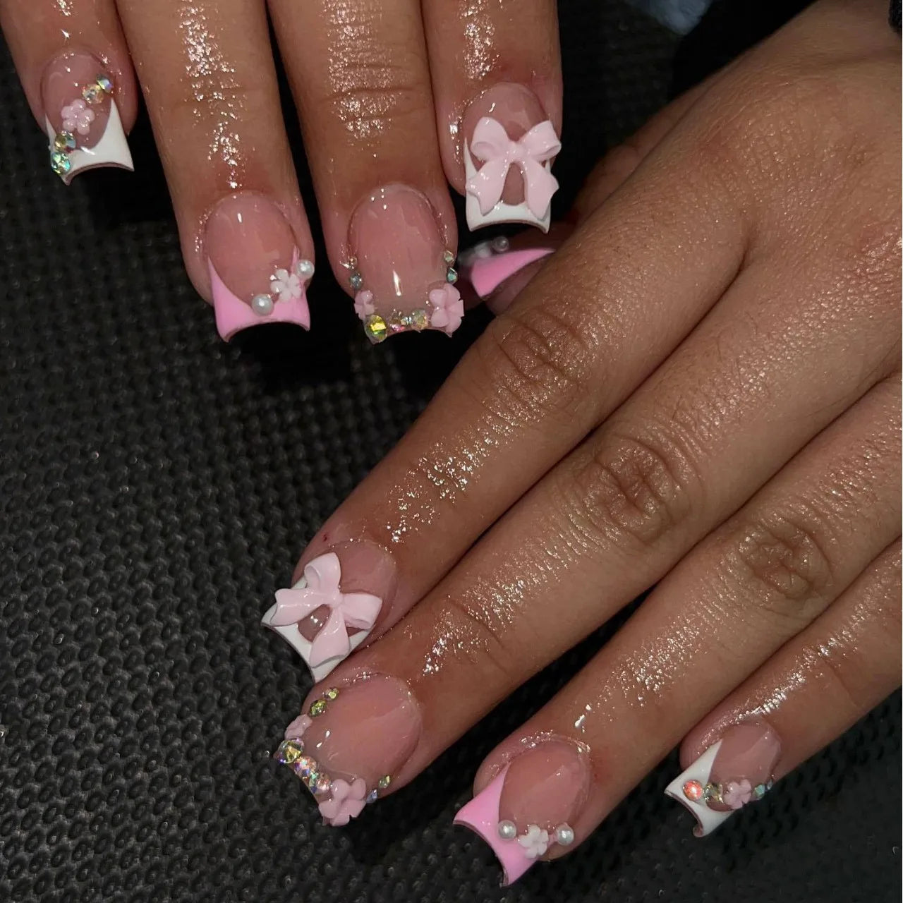 24pcs Nude Pink Sweet Fake Nails Short Duckbill Leopard Print French False Nails With 3D Bowknots Butterfly Cherry Press On Nail--ANDROMEDA QUINNS | AURELLE'S-ANDROMEDA QUINNS | AURELLE'S