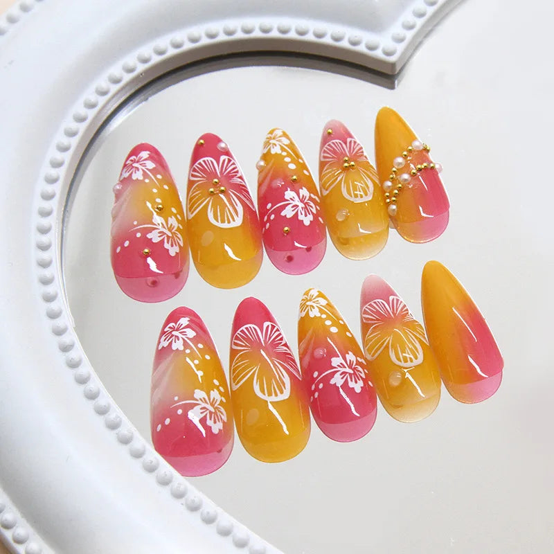24pcs White Flower Fake Nail Tips Ins Yellow Pink Blush False Nails Wearable Full Cover European Almond Shaped Press on Nails--ANDROMEDA QUINNS | AURELLE'S-ANDROMEDA QUINNS | AURELLE'S