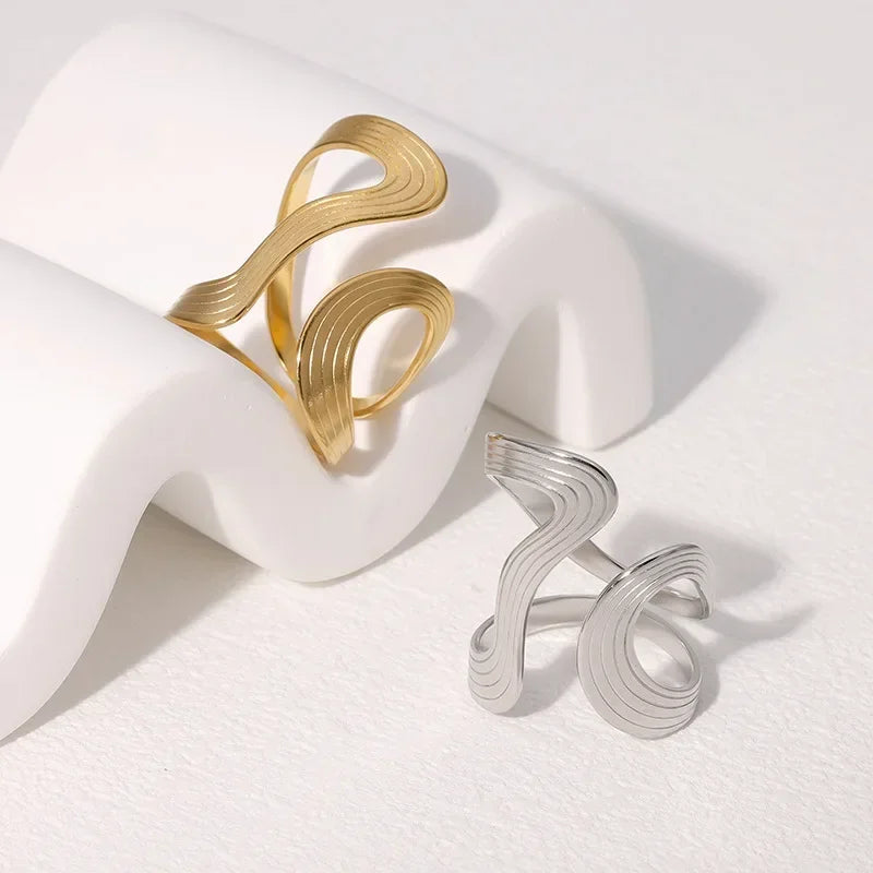 Stainless Steel Irregular Wave Rings for Women Men Creative Gold Color Adjustable Opening Ring Female Statement Jewelry Gifts--ANDROMEDA QUINNS | AURELLE'S-ANDROMEDA QUINNS | AURELLE'S