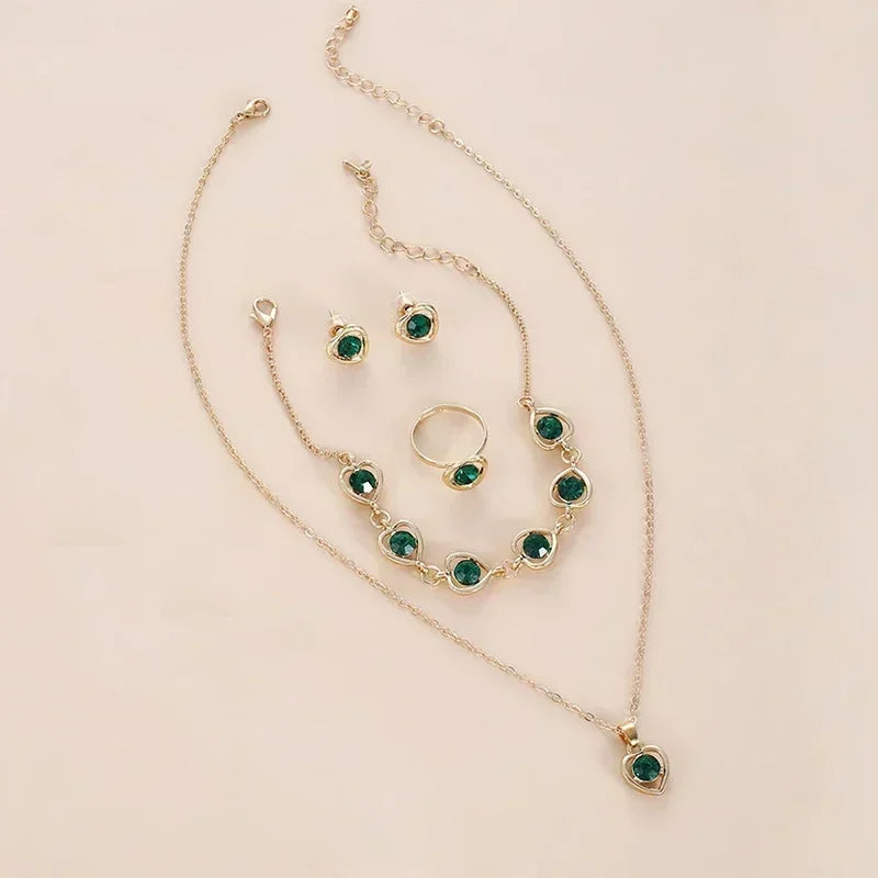 5PCS Set Gold-Color Heart Shaped Jewelry Sets Of Ring Earrings Necklace For Women Elegance Rhinestone Double Heart Jewelry--ANDROMEDA QUINNS | AURELLE'S-ANDROMEDA QUINNS | AURELLE'S