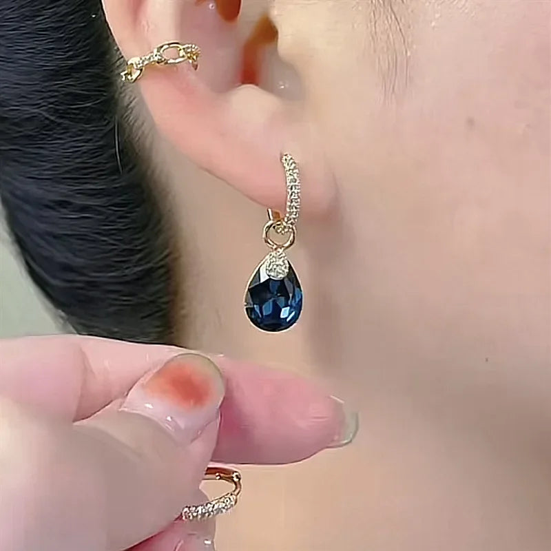 Exquisite Blue Drop-shaped Crystal Pendant Earrings For Women Fashion Personalized Daily Accessories Party Jewelry Birthday Gift--ANDROMEDA QUINNS | AURELLE'S-ANDROMEDA QUINNS | AURELLE'S