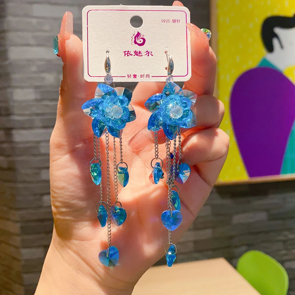 2025 New Colorful Purple Crystal Flower Dangle Drop Earrings for Women Trend Korea Fashion Luxury Wedding Party Banquet Jewelry--ANDROMEDA QUINNS | AURELLE'S-ANDROMEDA QUINNS | AURELLE'S