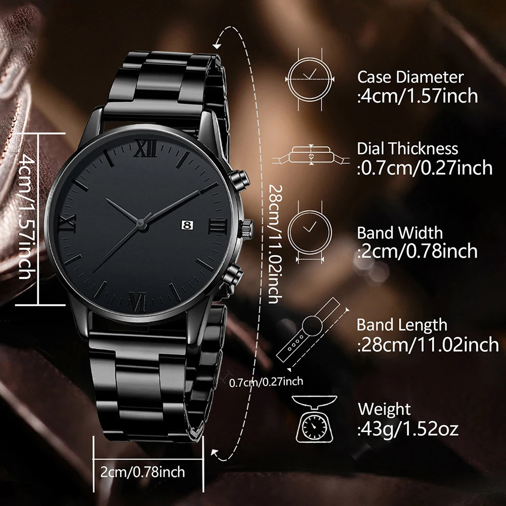 4PCS Men's Watch Set Business Versatile Simple Quartz Watch Bracelet Necklace Ring Set for Daily Clothing Matching--ANDROMEDA QUINNS | AURELLE'S-ANDROMEDA QUINNS | AURELLE'S