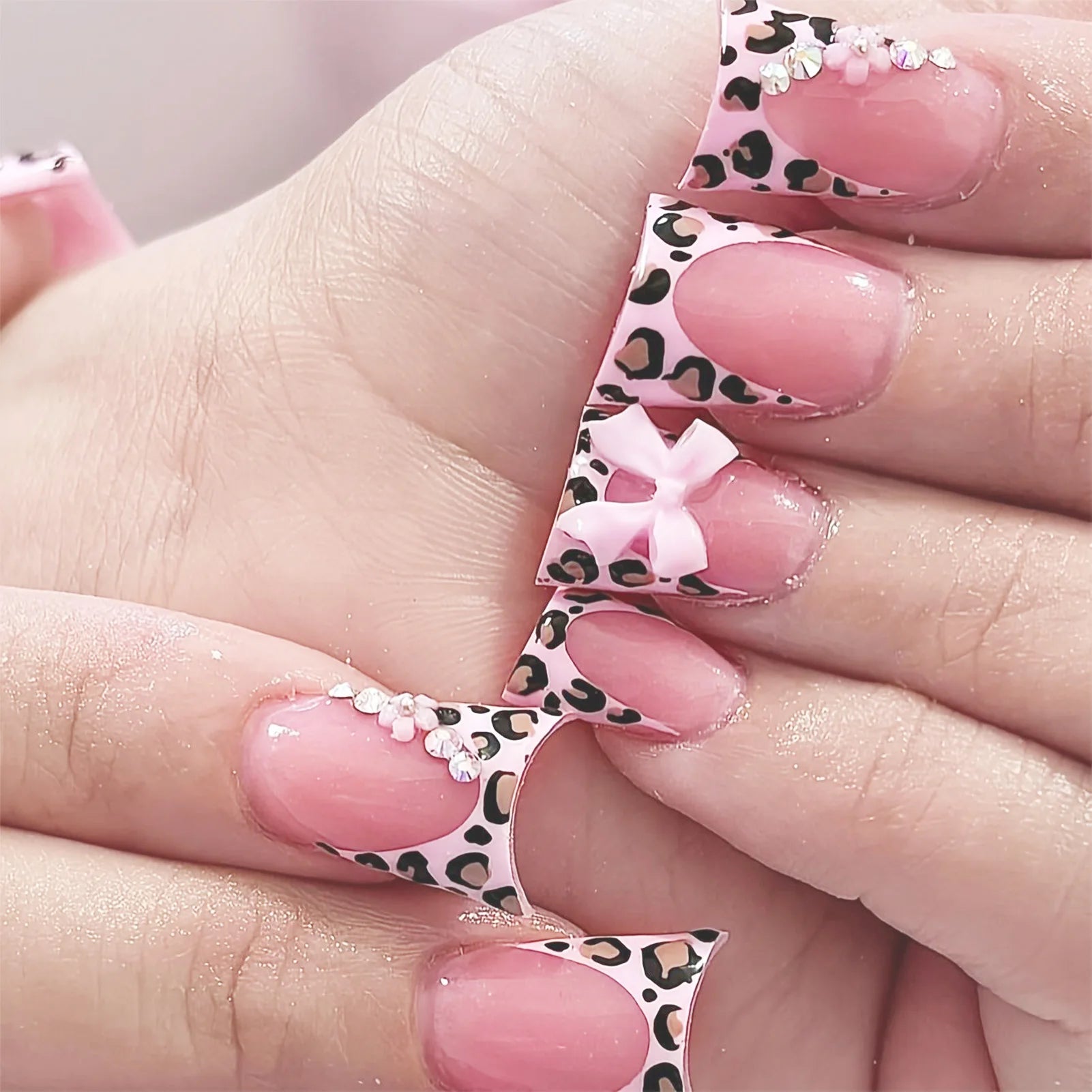 24pcs Nude Pink Sweet Fake Nails Short Duckbill Leopard Print French False Nails With 3D Bowknots Butterfly Cherry Press On Nail--ANDROMEDA QUINNS | AURELLE'S-ANDROMEDA QUINNS | AURELLE'S