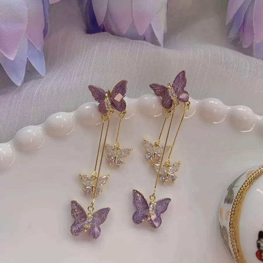 925 Silver Needle Purple Butterfly Long Tassel Earrings For Women Jewelry 2025 Trending Korean Fashion Luxury Crystal Earrings--ANDROMEDA QUINNS | AURELLE'S-ANDROMEDA QUINNS | AURELLE'S