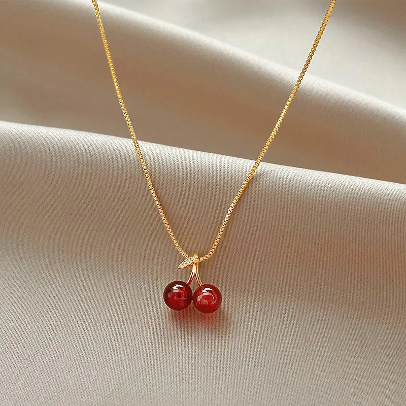 New Wine Red Cherry Gold Color Pendant Necklace For Women Personality Fashion Necklace Wedding Jewelry Birthday Gifts--ANDROMEDA QUINNS | AURELLE'S-ANDROMEDA QUINNS | AURELLE'S