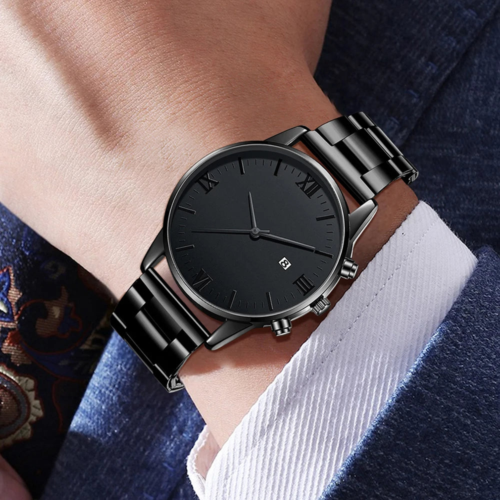 4PCS Men's Watch Set Business Versatile Simple Quartz Watch Bracelet Necklace Ring Set for Daily Clothing Matching--ANDROMEDA QUINNS | AURELLE'S-ANDROMEDA QUINNS | AURELLE'S