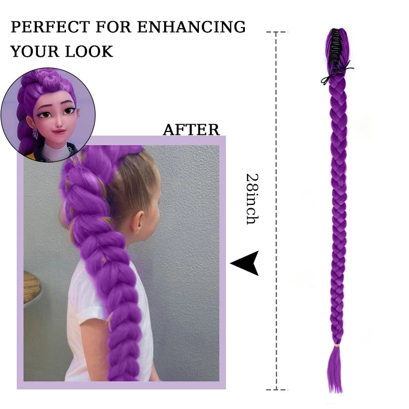 28inch Long Braided Purple Hair Ponytail Extensions Rumi Hairstyle Claw Clip Hair Wig for Kids Costume for Chritmas Theme Party