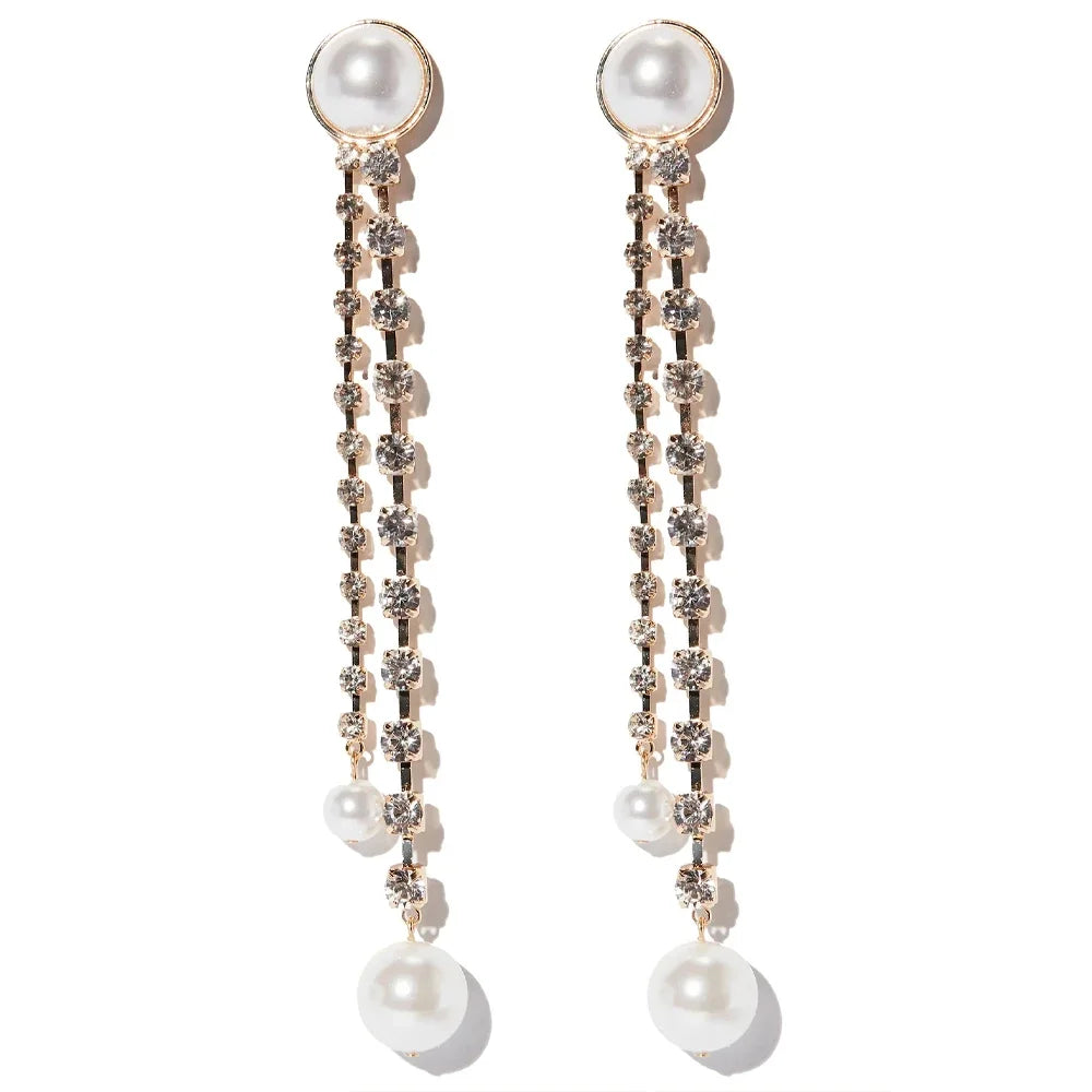 Elegant Pearl Long Tassel Earrings Bohemian for Women Wedding Accessories Fringe Rhinestone Jewelry--ANDROMEDA QUINNS | AURELLE'S-ANDROMEDA QUINNS | AURELLE'S