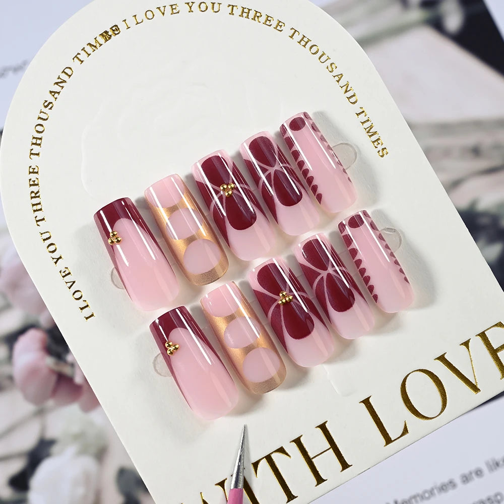 24Pcs Retro Flower Long Coffin French Fake Nails Caviar Bead Floral Gold Hollow Design Press On Nail Tips Y2k Acrylic False Nail--ANDROMEDA QUINNS | AURELLE'S-ANDROMEDA QUINNS | AURELLE'S