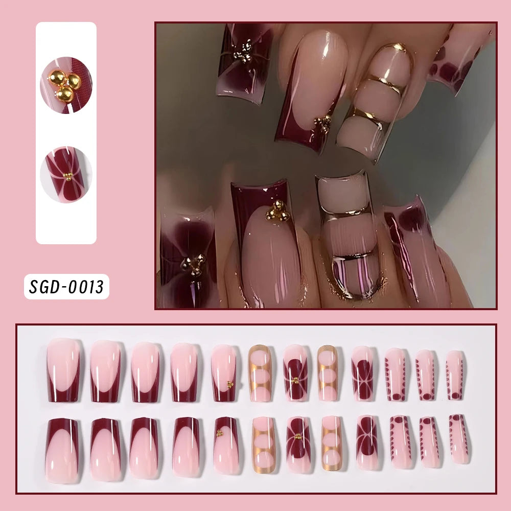 24Pcs Retro Flower Long Coffin French Fake Nails Caviar Bead Floral Gold Hollow Design Press On Nail Tips Y2k Acrylic False Nail--ANDROMEDA QUINNS | AURELLE'S-ANDROMEDA QUINNS | AURELLE'S