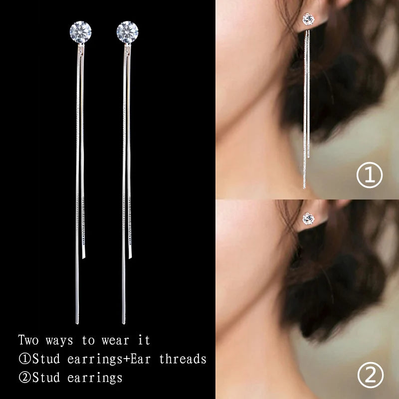 Drop Zircon Long Tassel Earrings Female Rhinestone Wedding Pendant Earrings Party Jewelry Silver Color Fashion Ear Accessories--ANDROMEDA QUINNS | AURELLE'S-ANDROMEDA QUINNS | AURELLE'S